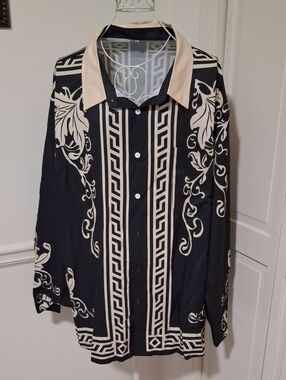 Black & Cream Printed Lightweight Button-Up Shirt Jacket - Unbranded